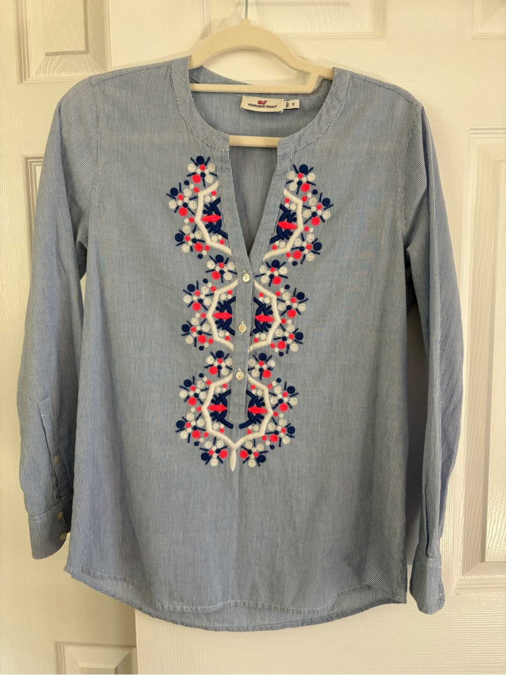 Vineyard Vines Light Blue Embroidered Tunic with Navy & Pink Accents